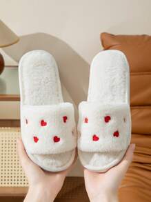 Pantufas domésticas femininas bordadas com coração, pantufas macias e fofas de biqueira aberta, deslizantes, quentes para uso interno/externo, adequadas para todas as estações, outono/inverno, maternidade