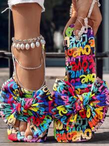 Colorful Cartoon Letter & Bow Print Women's Slippers, Fashion Square Toe Slip-On Flats, Casual Beach Sandals