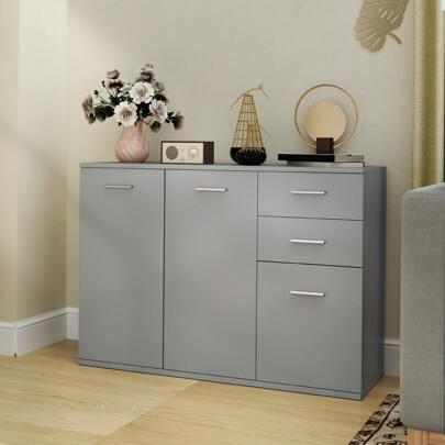 HOMCOM Credenza Soggiorno con 3 Armadietti e 2 Cassetti, Madia Soggiorno Moderna Salvaspazio con Ripiano Regolabile in Legno, 106x35x76 cm, Grigio Chiaro