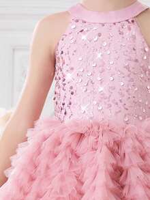 Young Girl Sparkly Mesh Pink Party Dress, Elegant Princess Cake Dress Suitable For Girls Birthday Gift, Banquet, Evening Gowns, Flower Girl, School Dance Dress, Party Celebration Formal Dress - Pink - View 5