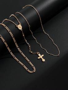 3pcs Men's Vintage Fashion Metal Cross Pendant Multi-Layer Necklace, Simple Creative Stackable Charm Jewelry Set - Yellow Gold - View 6