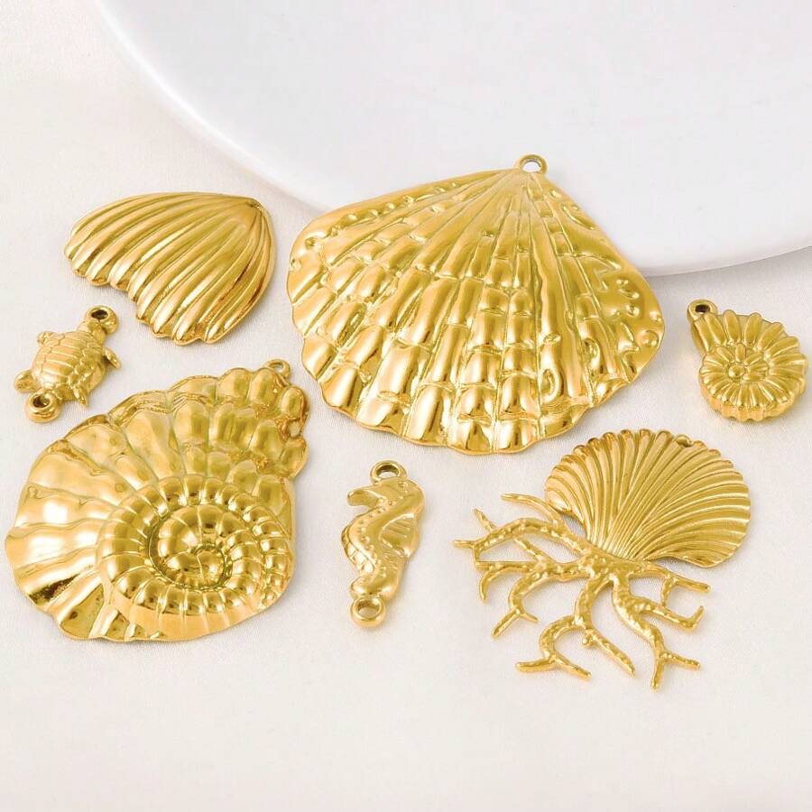 5pcs Ocean Themed Pendants - Seahorse, Shell, Conch, Turtle Charms, Beach Style DIY Necklace, Bracelet, Earring, Anklet Jewelry Making Supplies, Wholesale, PVD 18k Gold Plated