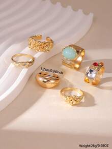 MESTILO 6pcs Fashionable Metal Faux Jade Asymmetrical Shape Rhinestone Rings Set, Suitable For Women Everyday Wear - Multicolor - View 3