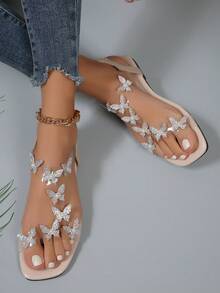 Versatile Comfortable Solid Color Fashionable Bohemian Butterfly Toe Square Toe Flat Sandals, Suitable For Beach, Party, Home, Outdoor In Summer - Square Head Beige Butterfly - View 2