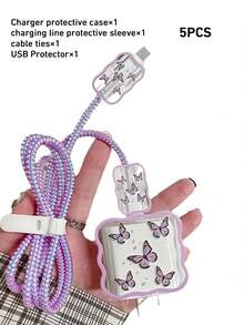 5 件紫色蝴蝶波纹硅胶保护壳兼容 Apple 18W/20W USB-C 电源适配器、防震充电线套