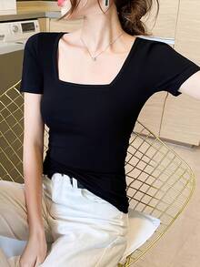 女式方领黑色短袖T恤，2025夏季新款，简约肩部设计，时尚百搭休闲上衣 - 黑色 - 查看 5