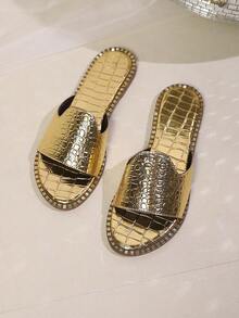 1 Pair Women Summer New Round Open Toe Flat Golden Sandals - Gold - View 3