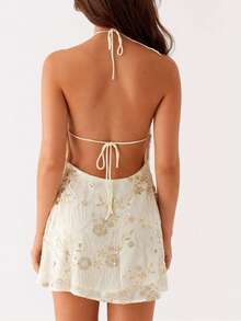 Y2k Sequin Beaded Halter Dress For Women Sexy Sparkle Backless Mini Dress Floral Embellished Rhinestone Club Dresses - 杏色 - 查看 6