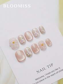 10 Pieces Of Handcrafted Press On Nails Short , Pink Nails , Gentle Flowers , Summer Nails,Reusable Fake Nails Nail Supplies Nails