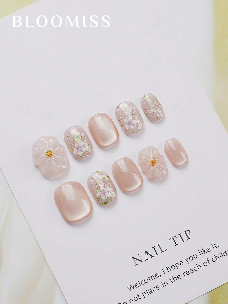 10 Pieces Of Handcrafted Press On Nails Short , Pink Nails , Gentle Flowers , Summer Nails,Reusable Fake Nails Nail Supplies Nails