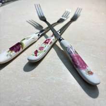 6pcs/Set Elegant Floral Stainless Steel Forks With Ceramic Handles - Dessert Forks, Fruit Forks, Suitable For Home, Restaurant And Kitchen, Mirror Polished Long-Lasting,School Supplies