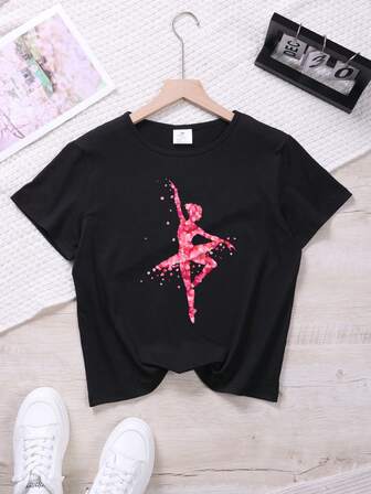 夏季女童卡通舞蹈印花圆领短袖休闲T恤