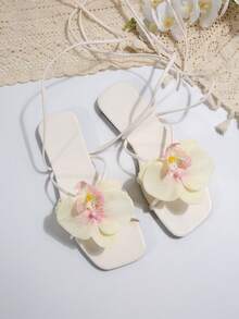 French Style Flat Floral Strap Slide Sandals For Women, Summer Outdoor Fashionable Slippers, Suitable For Dates, Shopping, Parties,Beach Outfits - Yellow - View 7