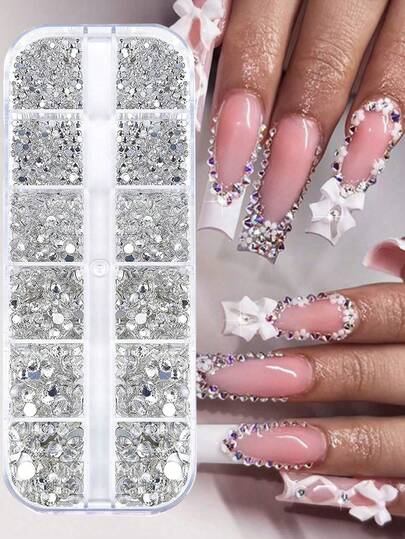 12 rutnät nagelstrasstenar 1,5 mm-5 mm 3D nagelkonst glaskristallklara nagelstenar ädelstenar pärla kristallstrass 3D-berlock ädelstenar nagel multiformade 3D nageldiamanter för nagelkonst och gör-det-själv-dekoration 1 ask nagelkonststrasstenar platta baksida strass pärlor nagelberlocker för akrylnaglar kristaller nagelkonsttillbehör halvrunda design nagelstenar