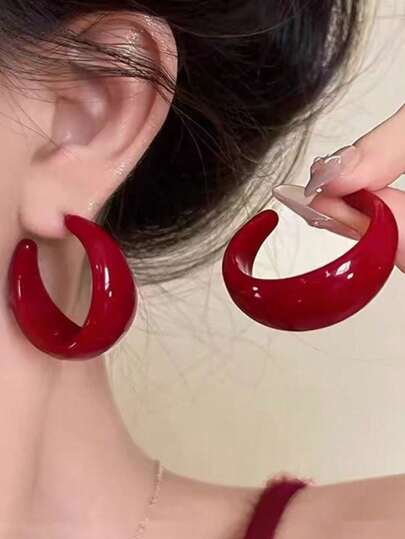 1 Pair Encallra Red High-End Feminine Versatile Earrings, Luxurious Hoop Earrings