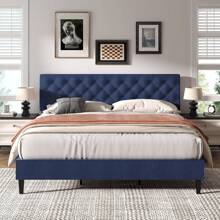 HOMBCK Estructura de cama tapizada con cabecero, estructura de cama de tela de lino con cabecero capitoné, sin somier, fácil montaje, tamaño individual/matrimonial/queen/king, beige/rosa/gris oscuro/gris/azul