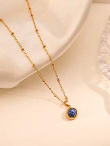 1pc Stainless Steel Natural Stone Pendant Necklace For Women, Fashion Minimalist Elegant Choker - Light Blue - View 7