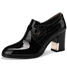 TDD Patent Leather Ankle Boots For Women Chunky Block Extra Wide Booties Botas Para Mujer High Heels Dress Warm Lined Classic Ladies Comfortable Fashion Dressy Zip 3 Inch Boot
