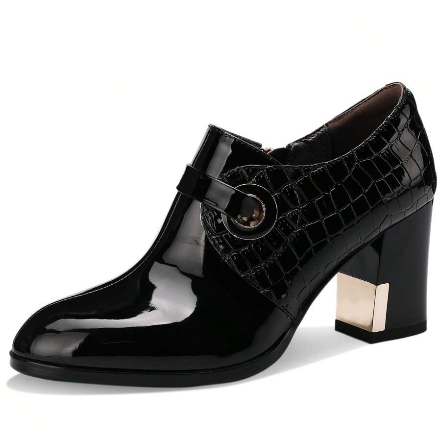 TDD Patent Leather Ankle Boots For Women Chunky Block Extra Wide Booties Botas Para Mujer High Heels Dress Warm Lined Classic Ladies Comfortable Fashion Dressy Zip 3 Inch Boot