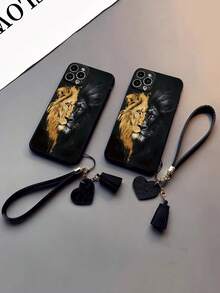 1 件穿孔直边狮子彩绘加厚防摔保护手机壳套，适用于额外装饰，新款皮革心形腕带 DIY 手机壳吊坠，流苏腕带，兼容 、Redmi 防水防震防刮