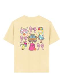 Back To School Season One-Piece Girl's Casual Printed Round Neck Pullover Short-Sleeved T-Shirt For Summer Students And Young Children,School Clothes For Teens - Fashionable Cartoon Bows For School, School Bags, Books, Pencils, School Buses, Simple Style T-Shirts To Inspire Imagination And Self-Expression
