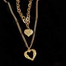 Set Of Two Stainless Steel Heart Pendant Necklaces - Cool And Hip-Hop Collarbone Chain Set - Yellow Gold - View 6