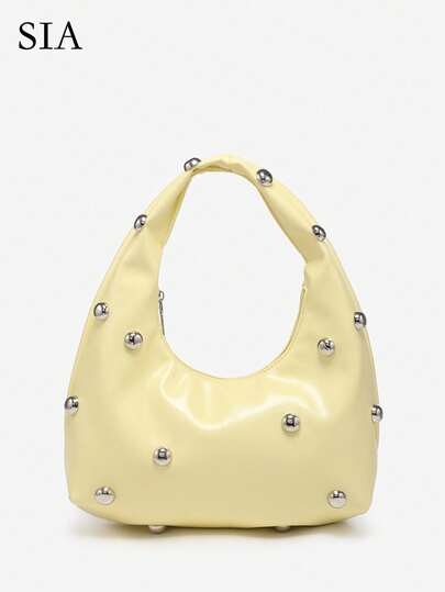 1pc Women's Retro Punk Boho Style Ocean Decor Beach Bag, Crocheted Rivet Oiled Leather Large Capacity Shoulder Satchel, Suitable For Outings, Parties, And Daily Wear , Goth , Punk, Yellow