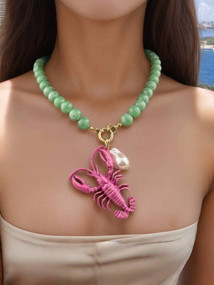 Vintage Tassel Zinc Alloy Lobster Beaded Handmade Woven Necklace, Fashionable Unique Resort Style Choker Accessories - Blue Lobster Necklace - View 13