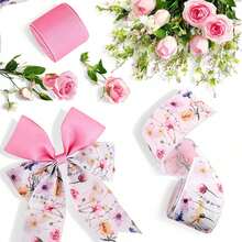 1Roll/2 Rolls 2.5inch Pink Rose Flower Wired Edge Ribbon Watercolor Floral Craft Fabric Ribbon For Spring Wreath Bow DIY Wrapping Party Decor - Multicolor - View 6