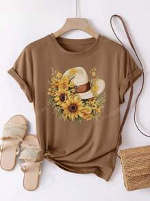 Camiseta de cuello redondo con estampado de girasol, ajuste holgado informal de manga corta para mujer, de verano