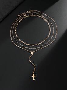 3pcs Men's Vintage Fashion Metal Cross Pendant Multi-Layer Necklace, Simple Creative Stackable Charm Jewelry Set - Yellow Gold - View 4