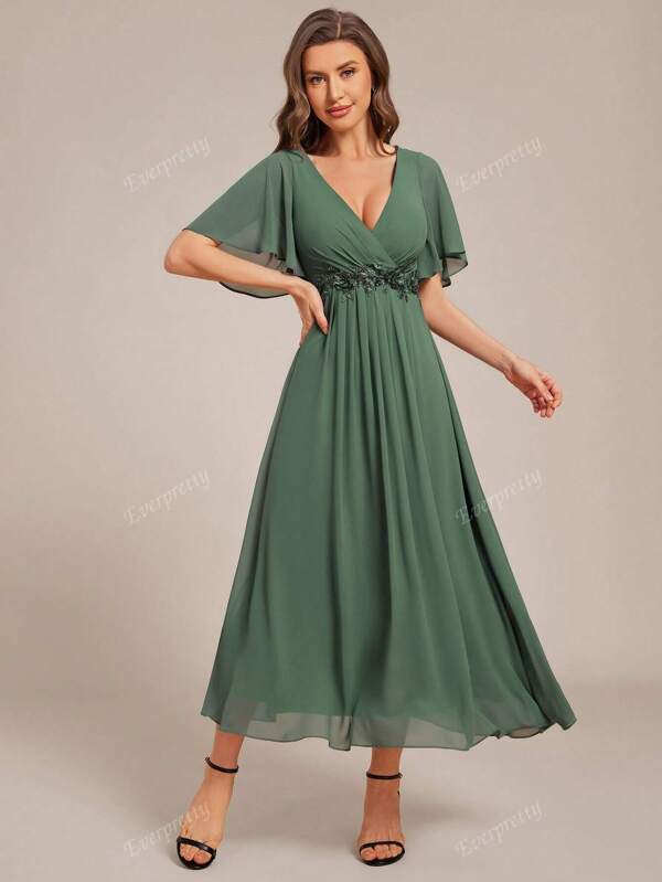 Elegant V-Neck Embroidered Ruffle Sleeve Appliques Pleated Chiffon Bridesmaid Dresses Formal Dress Wedding Guest Gown