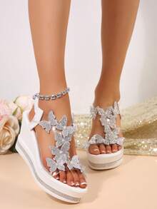 Women's Roman Style Sandals, 2025 New Fashion High Heel Wedge Shoes With Rhinestone Butterfly Decor, Solid Color For Dress, Party, Boho - White - View 4