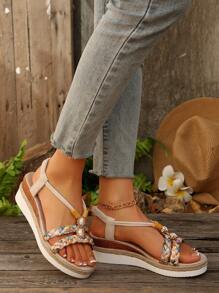 Sandales compensées d'été neuves pour femmes, avec fond épais. Décor de strass, style bohème tressé à bout rond ouvert. Confortable, légère, talon compensé, semelle corde. Parfait pour la plage et les vacances. Idéal comme cadeau.