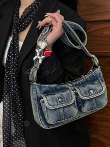时尚复古女士单肩包，高品质腋下包，休闲手提包，带配饰，牛仔布材质 - 彩色 - 查看 10