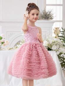 Young Girl Sparkly Mesh Pink Party Dress, Elegant Princess Cake Dress Suitable For Girls Birthday Gift, Banquet, Evening Gowns, Flower Girl, School Dance Dress, Party Celebration Formal Dress - Pink - View 4