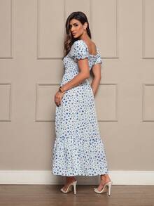 Long Dress With Puffed Sleeves Elastex Print - Blue and White - View 2
