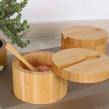 Bamboo Seasoning Box With Spoon Rotating Cover Bamboo Seasoning Pot Magnetic Suction Seasoning Pot Single Cell Salt Box, Food, Kitchen, Cooking, Seasoning, Spice, Party, Travel, Kitchen Items, Kitchen Tools, Kitchen Things. - Gold - View 5