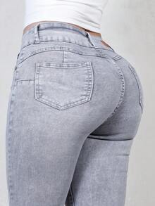 Skinny Jeans Tipo Cargo, Pantalones Pegados Color Azul con Detalles de Desgarre y Cinturón,  Efecto Levanta Glúteos que Moldea la Figura - Gris Claro HSL7039 - Ver 8