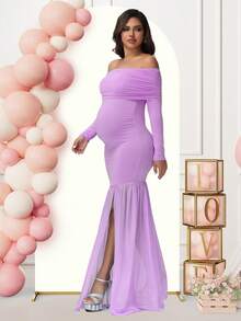 JustVH Maternity Long Sleeve Off Shoulder Dress Solid Color Mesh Paneled Split Hem Gown For Baby Shower Photoshoot Party - Violet Purple - View 3