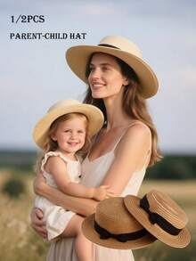 1/2pcs Kids & Parent Matching Bow Decor Summer Sun Straw Hat Set - Bow Straw Hat - View 1