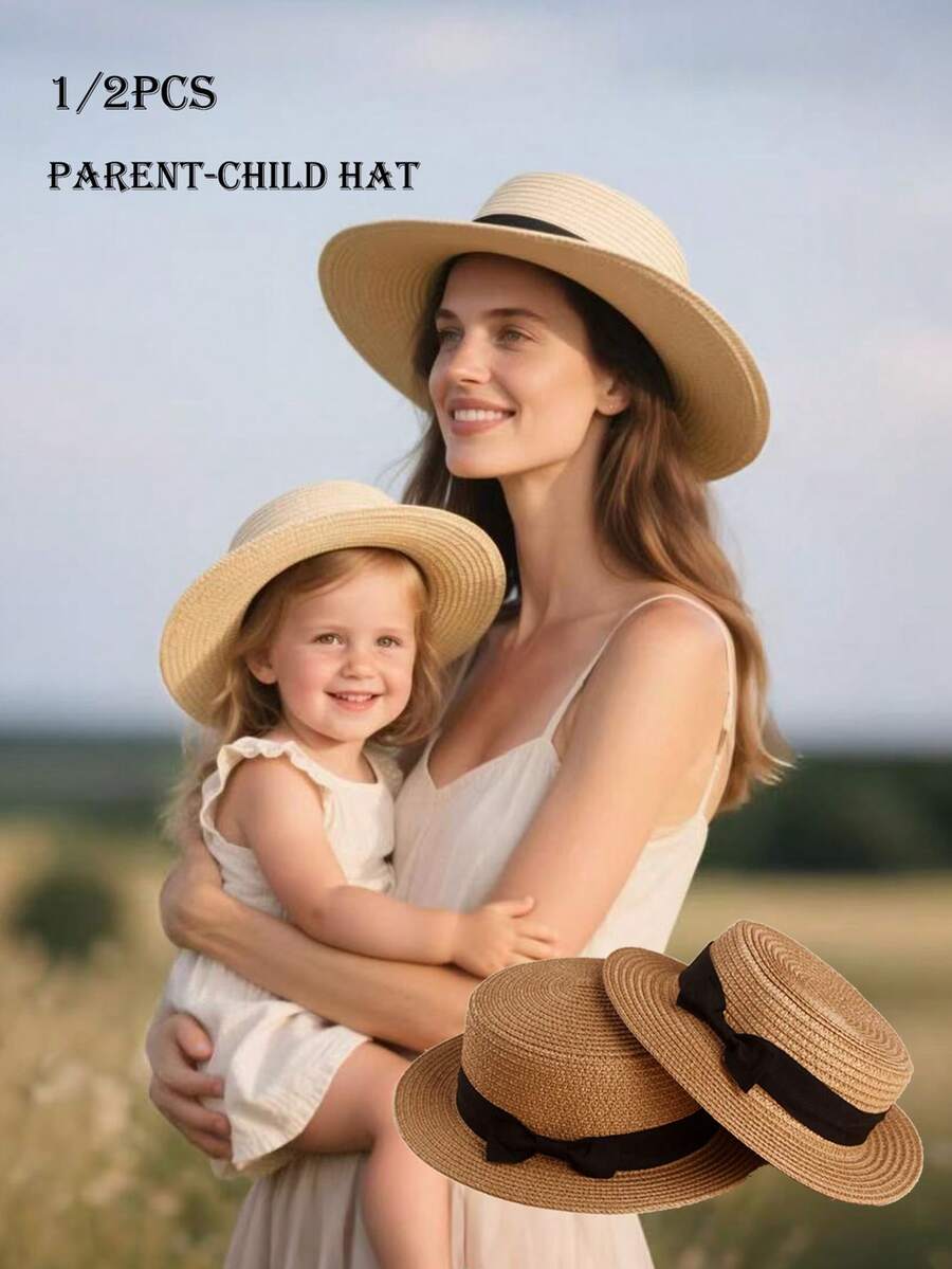 1/2pcs Kids & Parent Matching Bow Decor Summer Sun Straw Hat Set - Bow Straw Hat - View 1