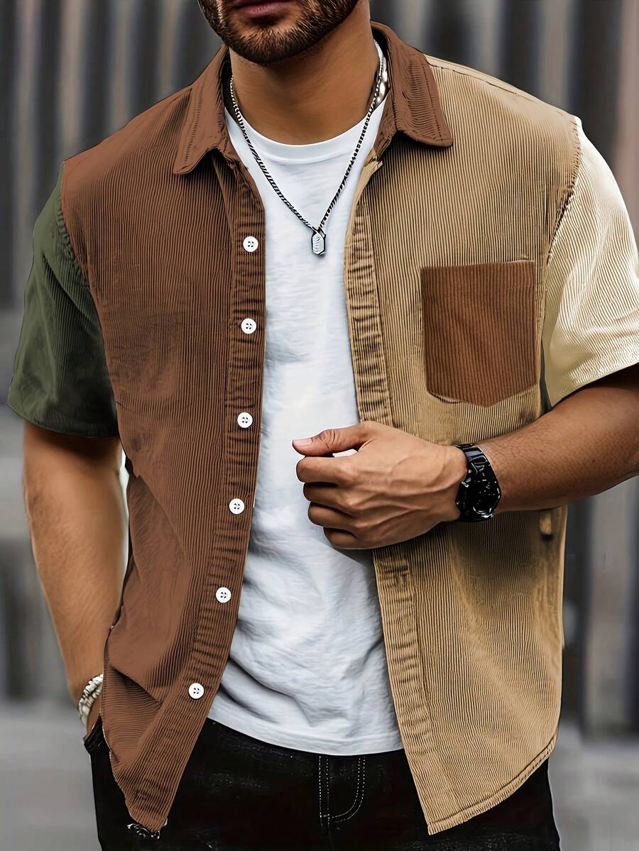 Men's Fashion Classic Personalized Corduroy Color Block Lapel Button Down Short Sleeve Shirt, Suitable For Casual Daily, Fashion Parties, Summer - Army Green - View 1