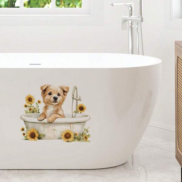 Süße Welpen Badezeit Wandaufkleber, Hund in der Badewanne mit Sonnenblumen Wandtattoos, abziehbare und wiederverwendbare PVC-Aufkleber für Wohnzimmer, Schlafzimmer und Flur Dekoration, Schulanfang