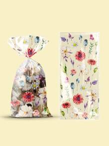 50pcs Floral Cellophane Treat Bags - Clear Plastic Goody Bags With Twist Ties, Assorted Wildflower & Teddy Bear Designs For Bridal Showers, Birthdays, Weddings, And Party Favors, Biscuit Self-Sealing Bag, Food Packaging Bag, Packaging Bag (4 Styles Mixed)