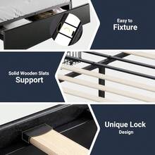 Full Size Platform Bed Frame With 3 Storage Drawers, Faux Leather Upholstered, Wooden Slats Support, No Box Spring Needed, Easy Assembly, Black - Black Leather - View 7