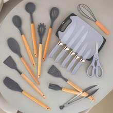 19pcs Premium Silicone Kitchen Utensil & Knife Set - Heat-Resistant, Non-Stick Safe Cooking Tools With Wooden Handles & Chef Knives - Includes Storage Stand - Perfect Gift For Juneteenth