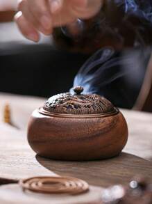 1pc Luxury Vintage Tea Art Zen Style Round Cloud Wood Incense Burner, Walnut Wood Zen Incense Holder With Tray, Suitable For Home Use Or As Gift