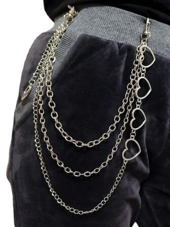 1 st flerskiktad silverfärgad hjärtdesignad metallkedja i byxor, lämplig att bära med byxor sommar, skola höst, höst, halloween