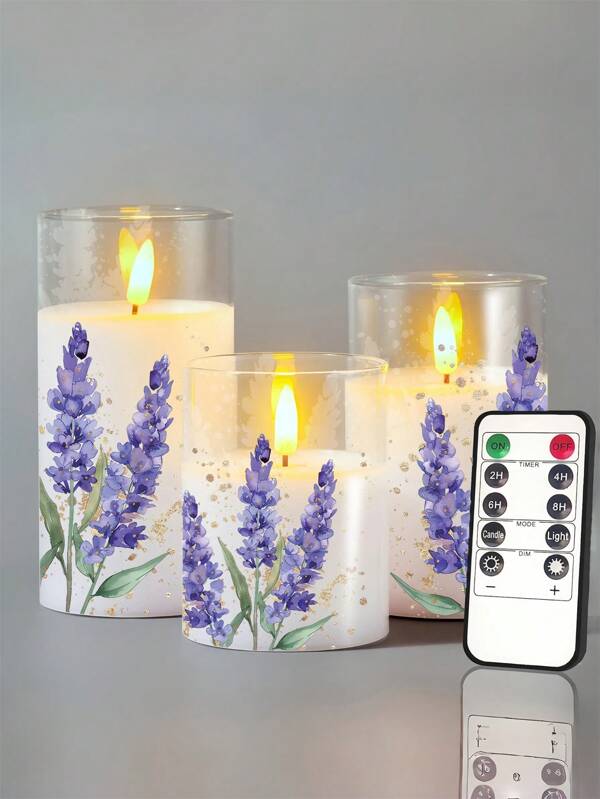 1/3pcs Lavender Flameless Candles With Prints, Timed Remote Control (Diameter: 3in X Height: 4/5/6in Battery Operated Candles), Home Decor, Wedding Decor, LED Candles, Holiday Party, Birthday, Graduation, Mother's Day, Valentine's Day, Christmas, Festival Party